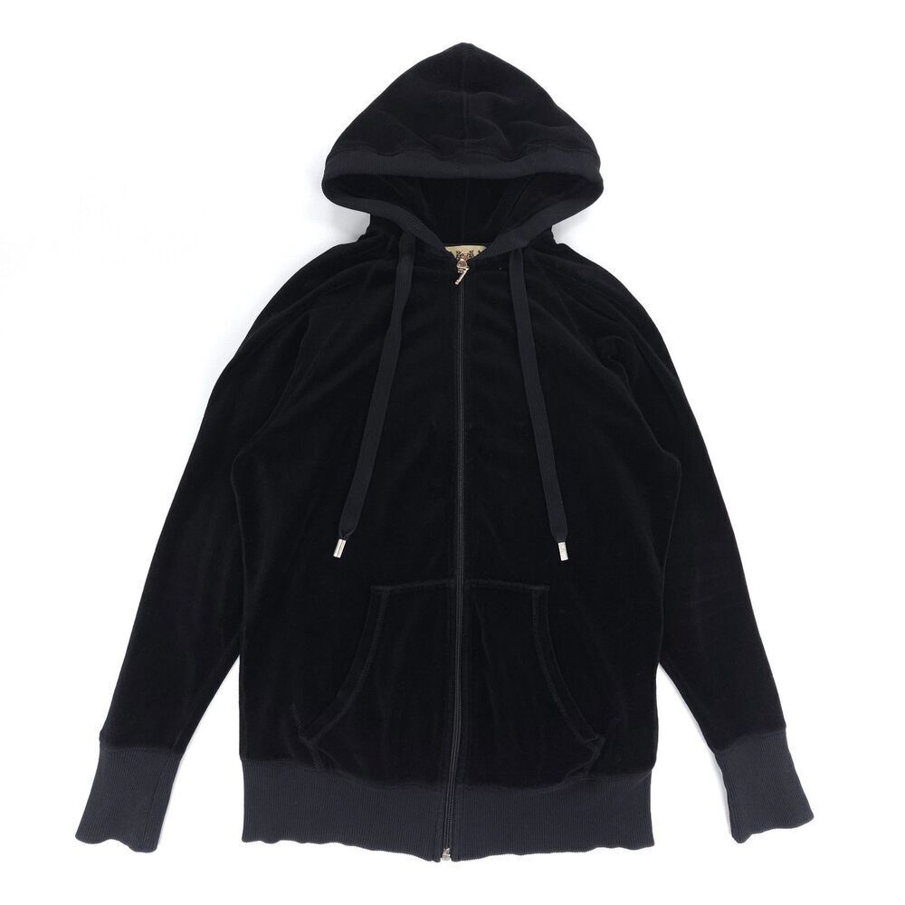 JUICY COUTURE Y2K 90s Velour Hoodie Zip Jacket Black Athleisure Lounge Minimal